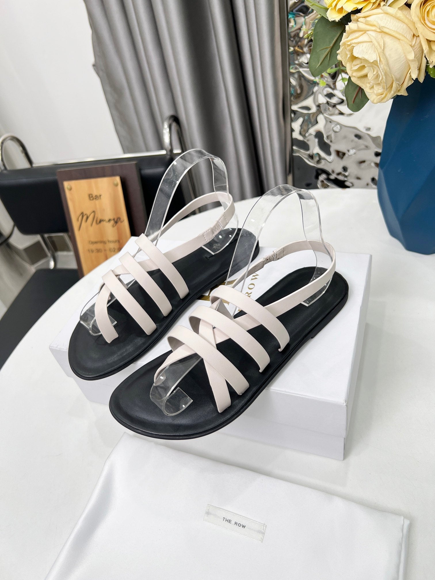 THE ROW 26S MINIMAL STRAPPY FLAT SANDALS IN WHITE CALFSKIN