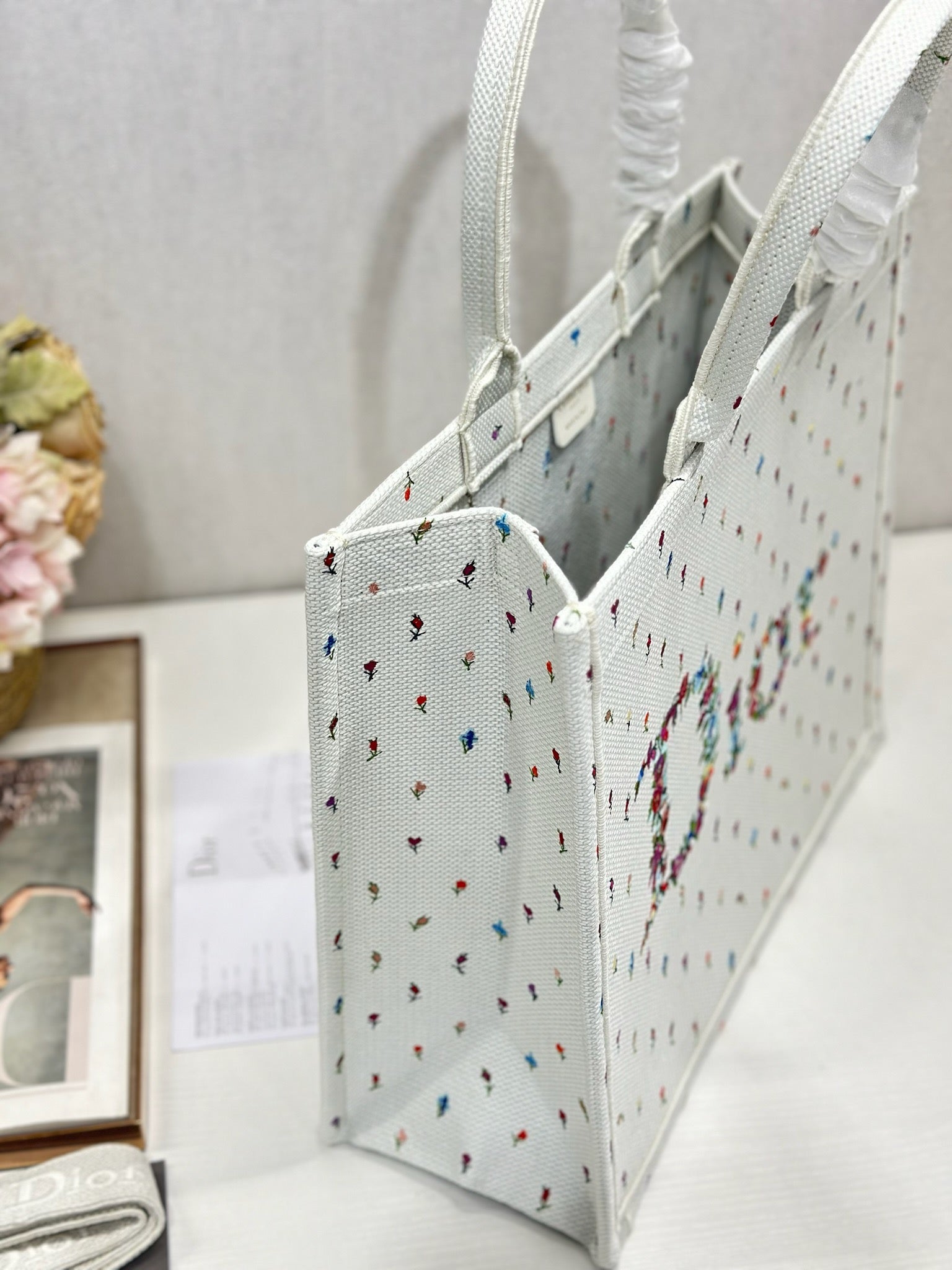 DIOR 26S BOOK TOTE BAG 42 IN MULTICOLOR MICRO FLORAL BAYADERE FABRIC