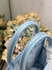 DIOR 26S BOOK TOTE BAG 36 IN BLUE AND WHITE LACE BAYADERE FABRIC