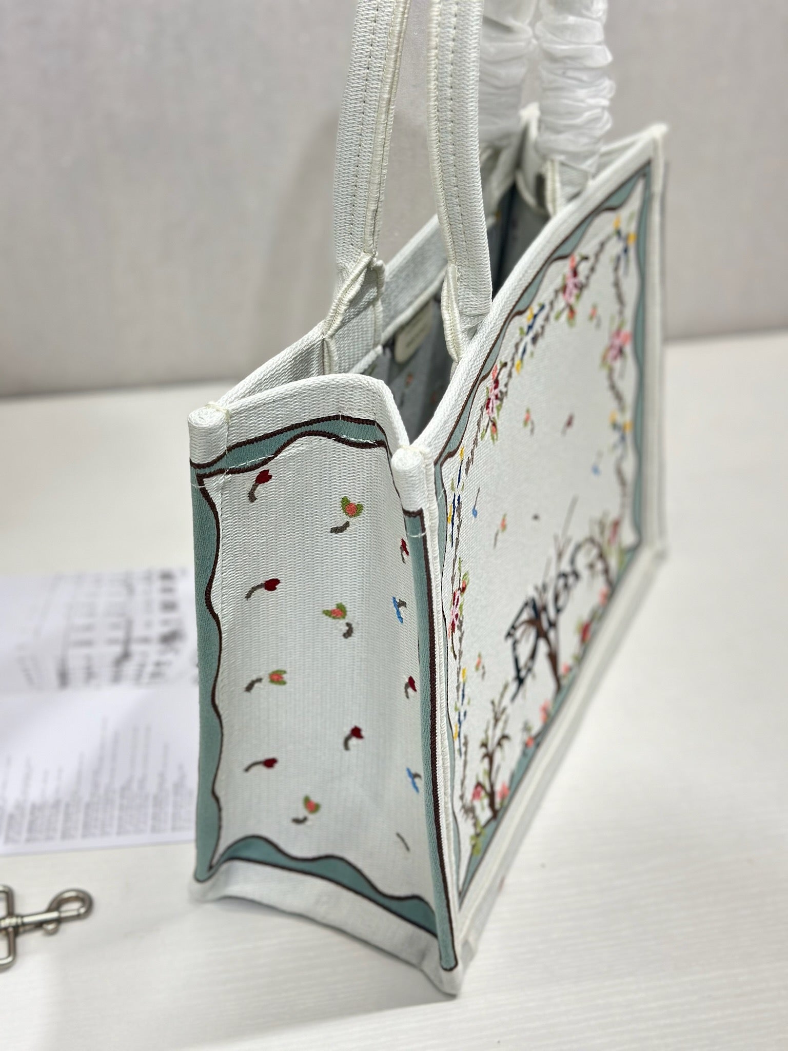 DIOR 26S BOOK TOTE BAG 36 IN BEIGE BAYADERE FABRIC D-STRIPES EMBROIDERY