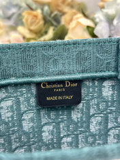 DIOR 26S BOOK TOTE BAG 36 IN TEAL GREEN AND WHITE BAYADERE FABRIC