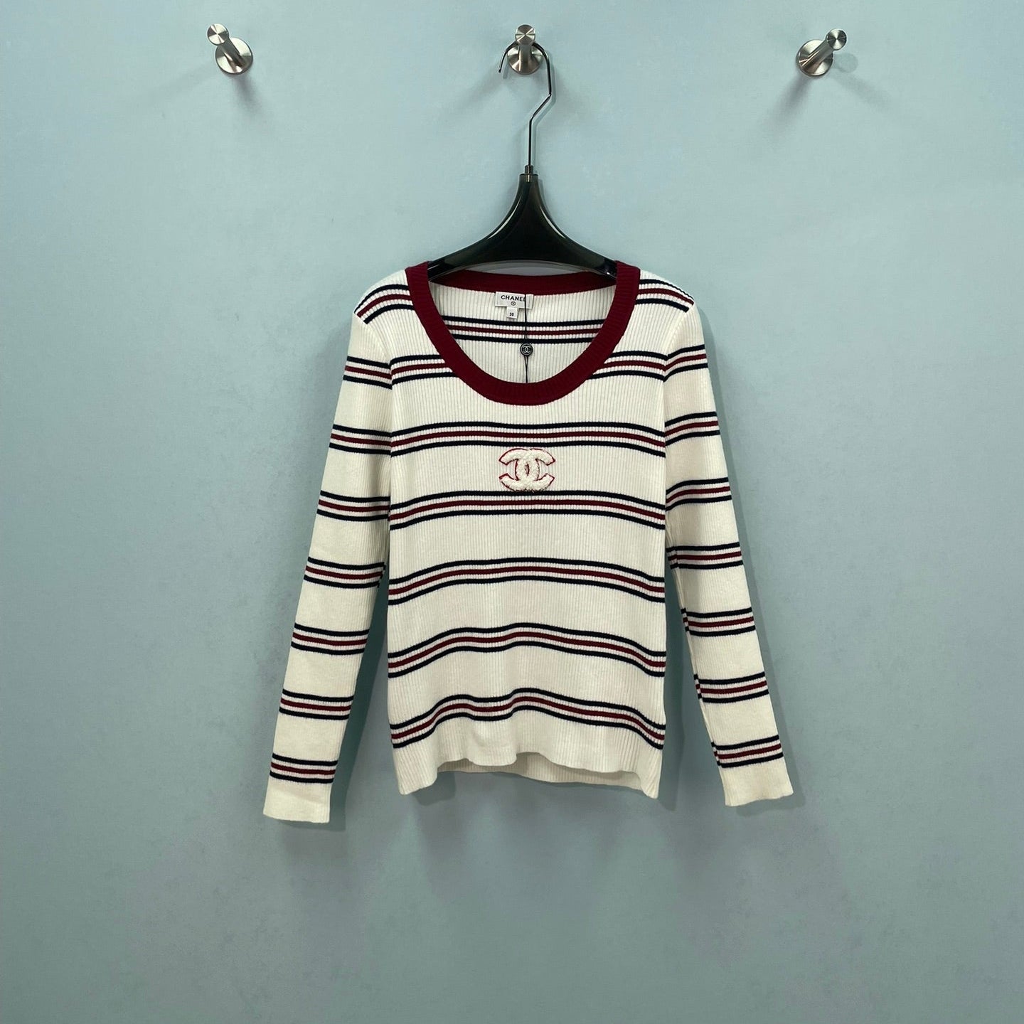CHANEL 26S LONG SLEEVE STRIPED KNIT SWEATER 1571