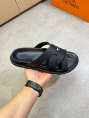 KAZIMIR SANDAL IN BLACK CALFSKIN AND CANVAS