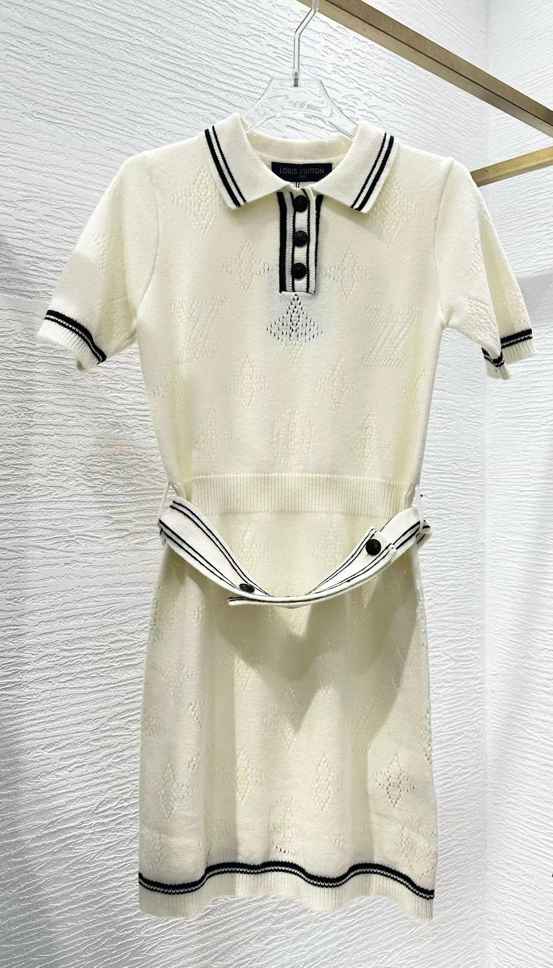 Stripe Accent Knit Polo Dress White Black Wool And Cashmere