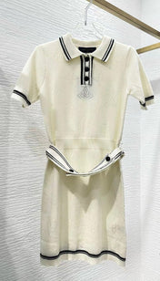 Stripe Accent Knit Polo Dress White Black Wool And Cashmere
