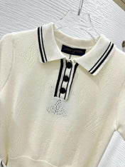 Stripe Accent Knit Polo Dress White Black Wool And Cashmere
