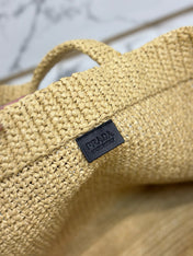 Prada 40 Cm Raffia Crochet Neutral Straw Tote Bag