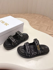 DIORACT SANDALS IN BLACK TWEED WITH GOLD LOGO BUCKLE