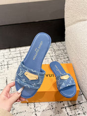 LV FLAT MULES BLUE IN BLUE DENIM GOLD-TONE PLAQUE
