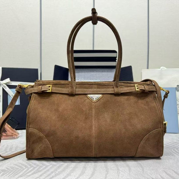 TOTE BAG WITH BELT 38 IN CHOCOLATE BROWN SUEDE GOLD HARDWARE