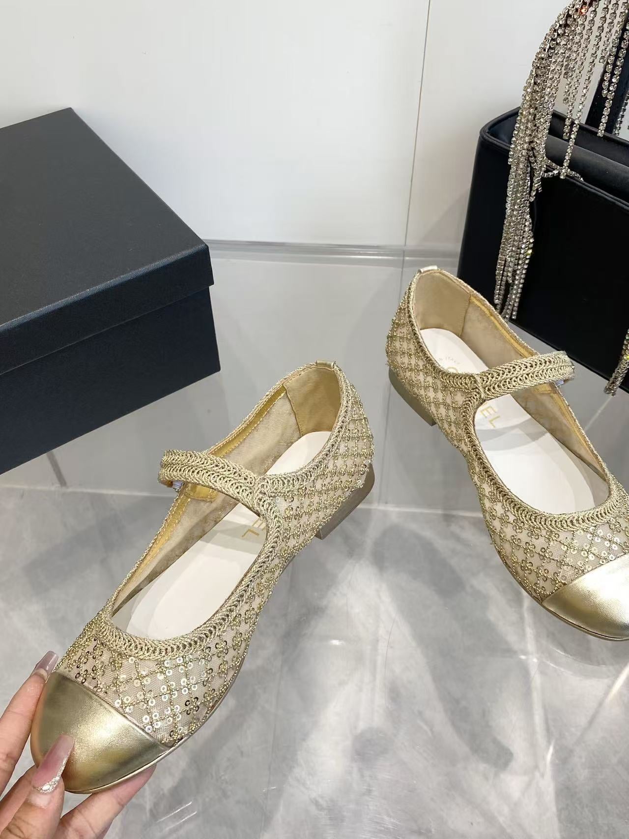 CHANEL 26S MARY JANE IN GOLD SEQUIN