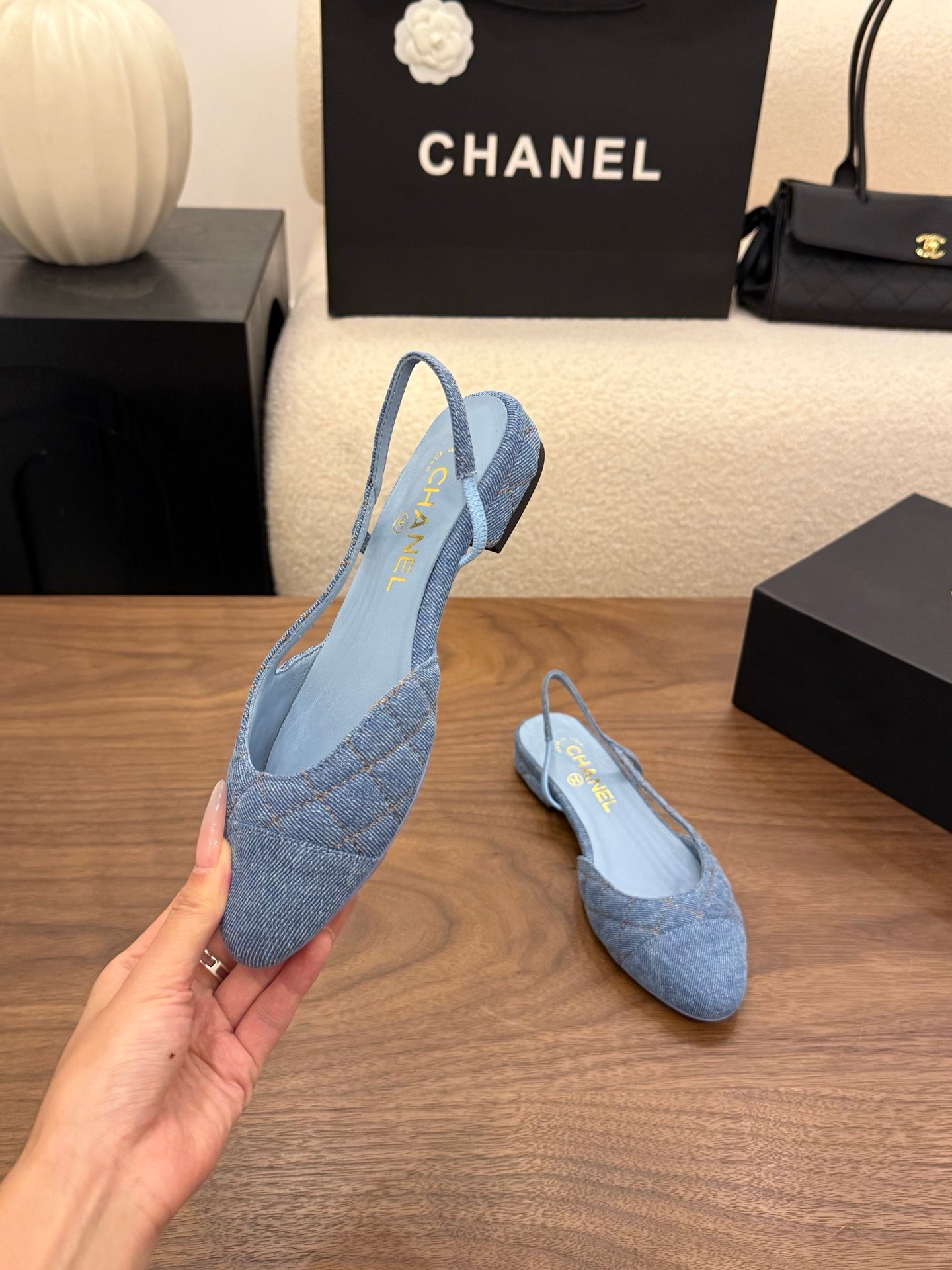 CHANEL 26S SLINGBACK PUMPS IN BLUE DENIM WITH POINTED TOE