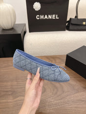 CHANEL 26S BALLET FLATS IN BLUE DENIM WITH CC LOGO & BOW DETAIL