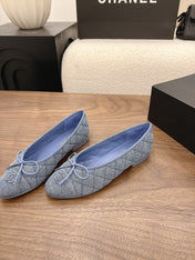 CHANEL 26S BALLET FLATS IN BLUE DENIM WITH CC LOGO & BOW DETAIL