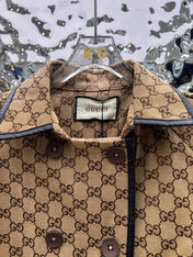 GG-JACQUARD COTTON-BLEND CANVAS TRENCH COAT WITH LEATHER TRIM