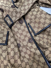 GG-JACQUARD COTTON-BLEND CANVAS TRENCH COAT WITH LEATHER TRIM
