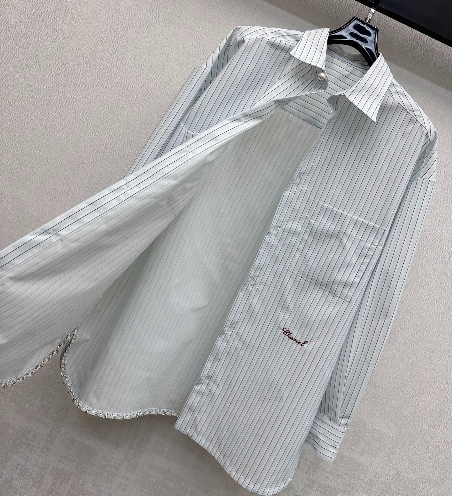 CHANEL STRIPED EMBROIDERED LOGO SHIRT WITH VERTICAL STRIPES