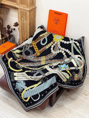 HERMES 26S PRINTED SQUARE SCARF 135 IN CASHMERE AND SILK 307244