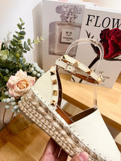 WHITE LEATHER ROCKSTUD ESPADRILLES ANKLE STRAP FLATS