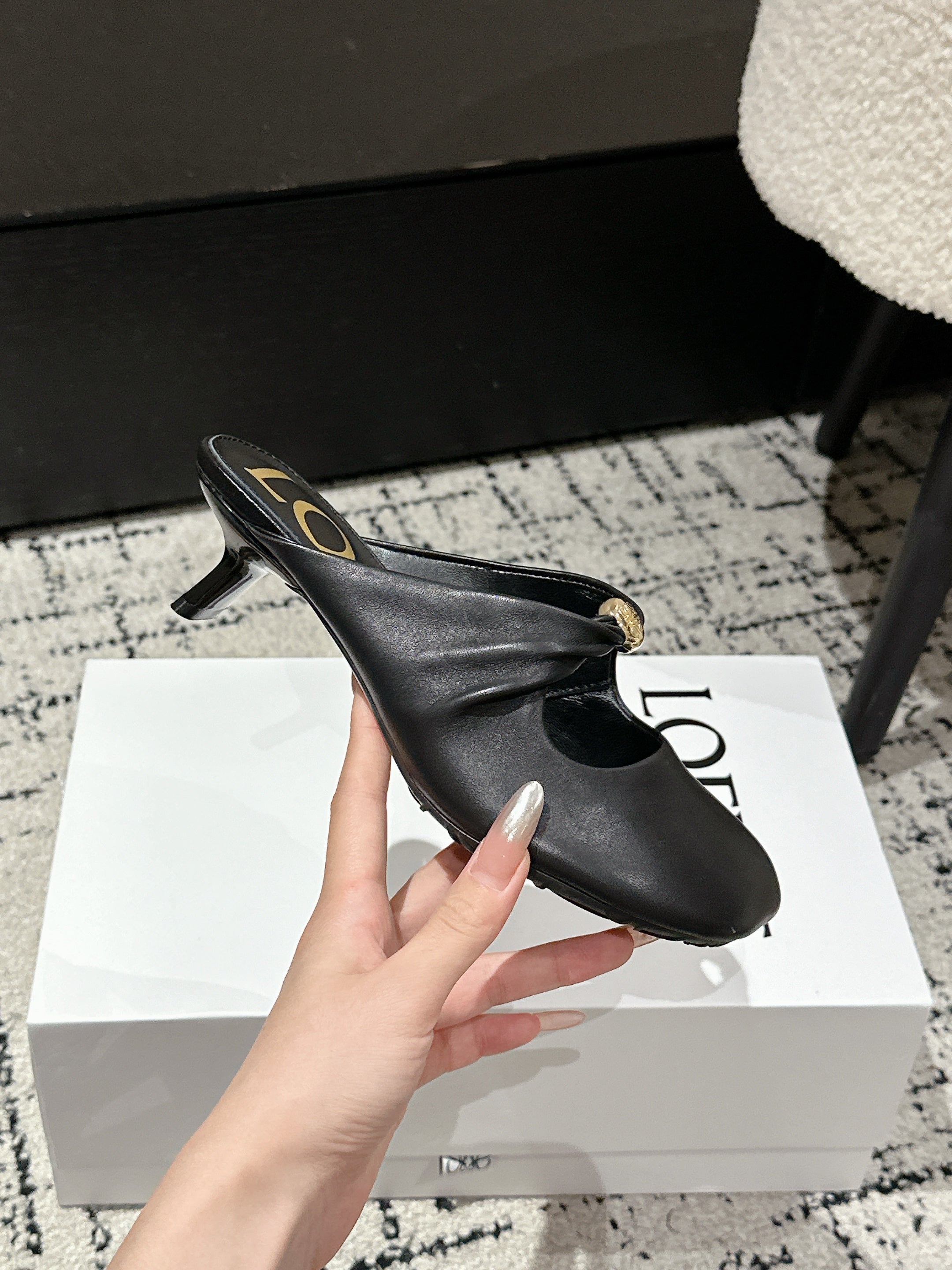 LOEWE 26S HIGH-HEELED MULES IN BLACK CALFSKIN