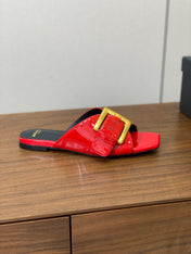 BALMAIN 26S B-BELT FLAT SANDALS IN RED CALFSKIN