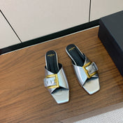 BALMAIN 26S B-BELT FLAT SANDALS IN METALLIC SILVER CALFSKIN