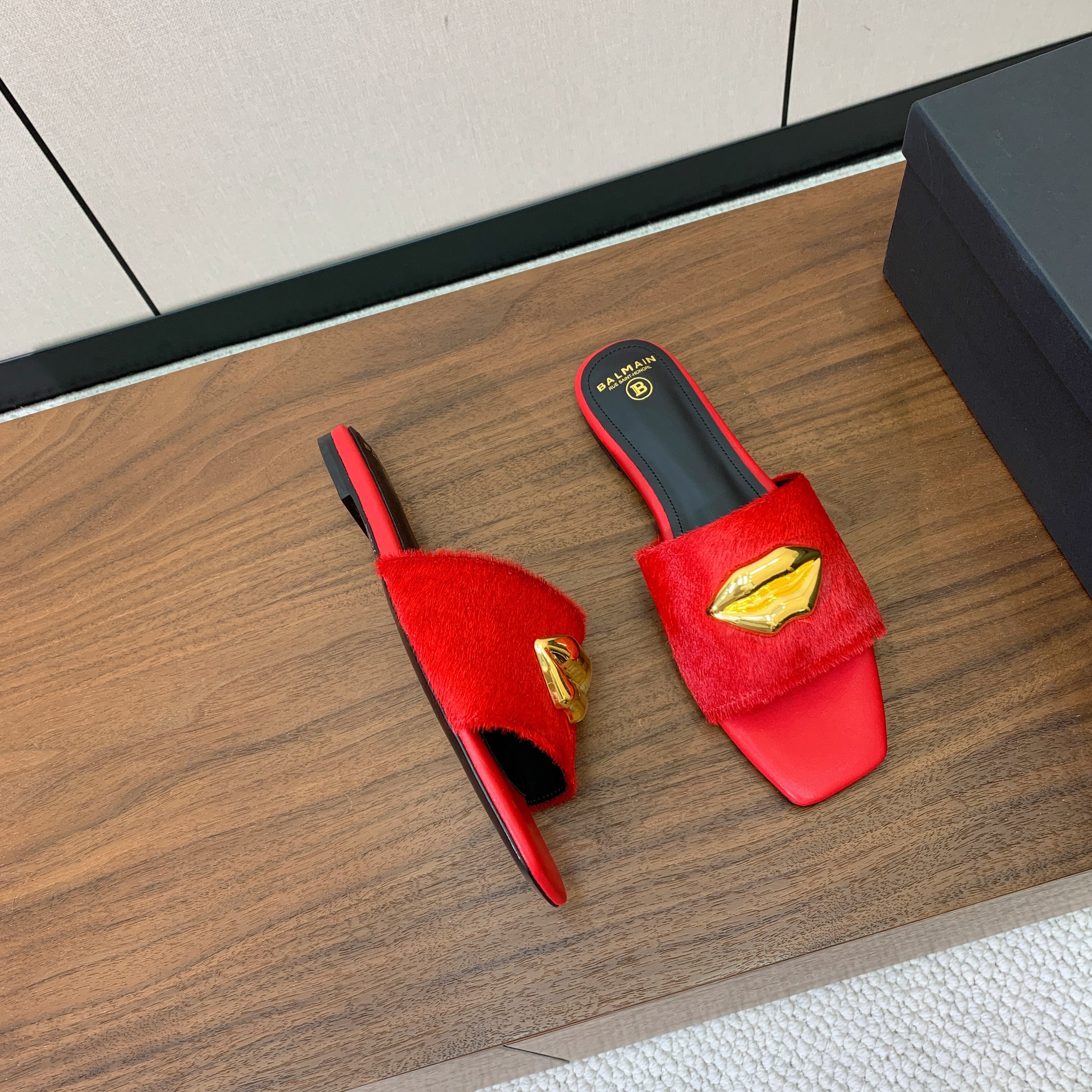 BALMAIN 26S LIP-EMBELLISHED SLIDES IN RED PONY HAIR WITH GOLD HARDWARE