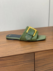 BALMAIN 26S B-BELT FLAT SANDALS IN OLIVE GREEN CALFSKIN AND PONY HAIR
