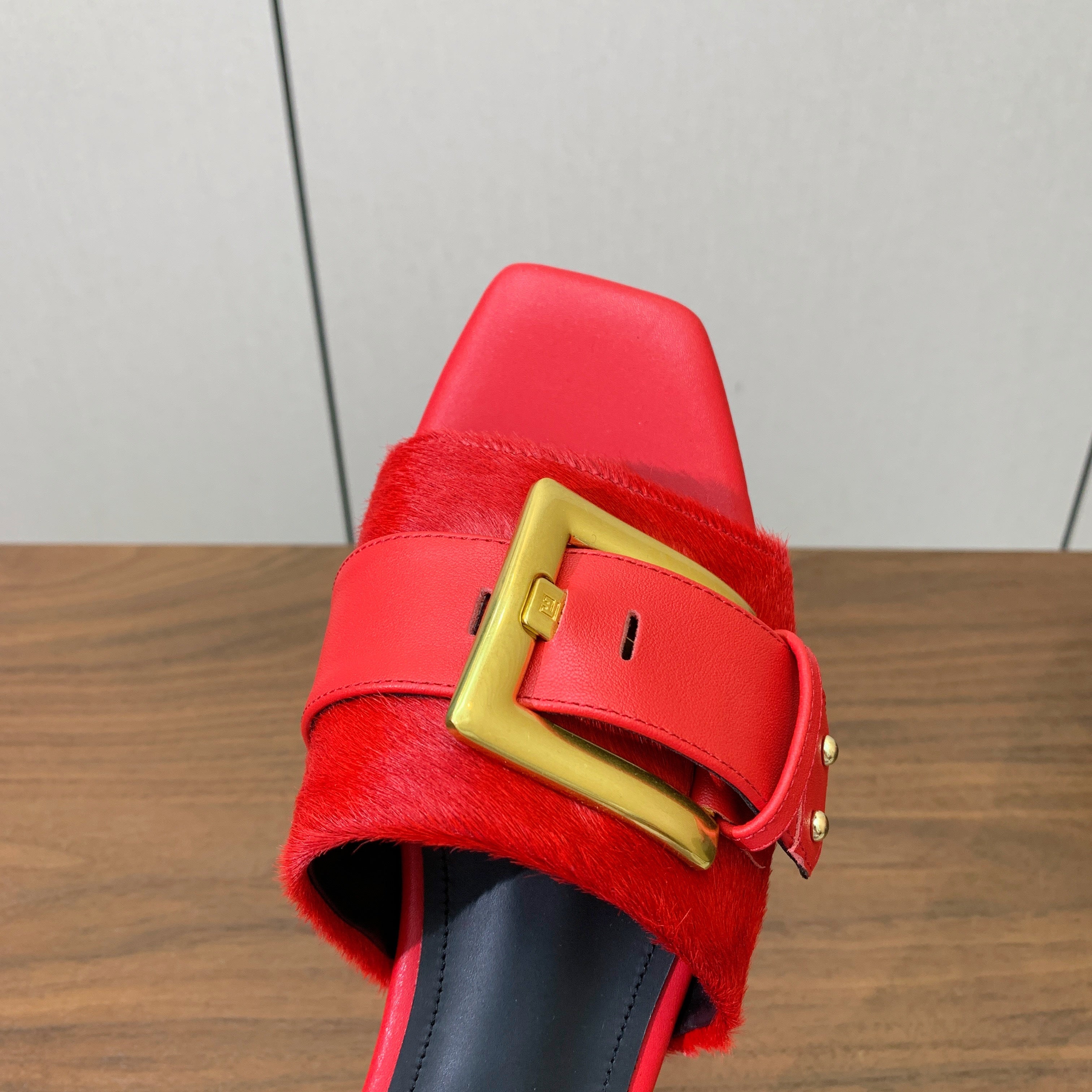 BALMAIN 26S B-BELT FLAT SANDALS IN RED CALFSKIN AND PONY HAIR
