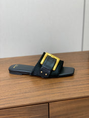 BALMAIN 26S B-BELT FLAT SANDALS IN BLACK CALFSKIN AND PONY HAIR