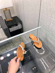 THONG SLIDE IN BRONZE BROWN SUEDE WITH WHITE CRYSTALS