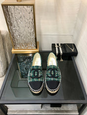 ESPADRILLE FOREST GREEN TWEED FABRIC AND BLACK CALFSKIN FLATS