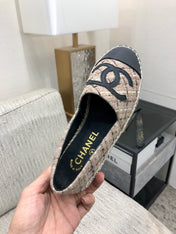 ESPADRILLE CAMEL BEIGE TWEED FABRIC AND BLACK CALFSKIN FLATS
