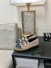 ESPADRILLE CAMEL BEIGE TWEED FABRIC AND BLACK CALFSKIN FLATS