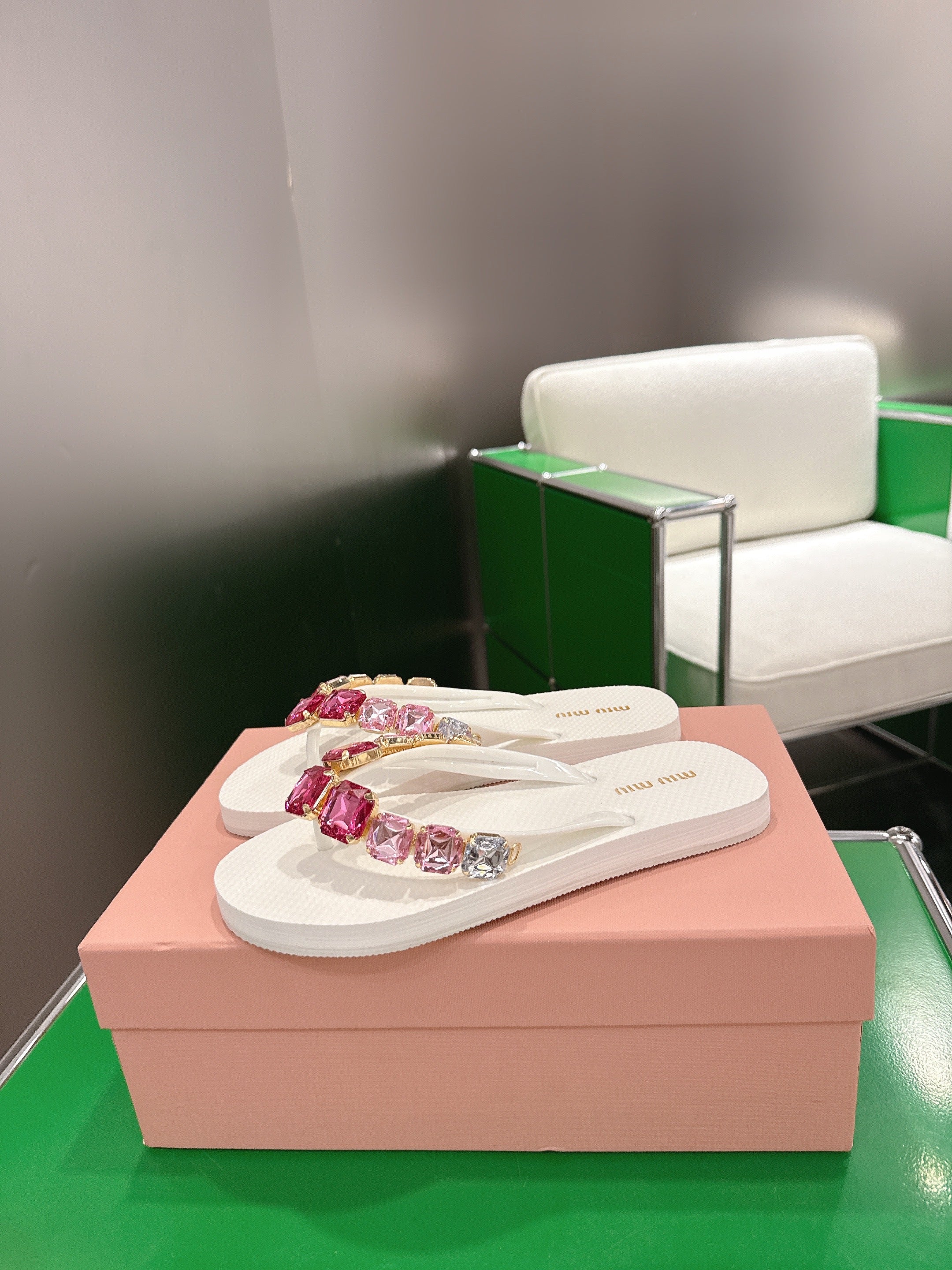 MIUMIU 26S THONG SANDALS IN WHITE EVA PINK CRYSTAL-EMBELLISHED