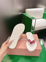MIUMIU 26S THONG SANDALS IN WHITE EVA PINK CRYSTAL-EMBELLISHED