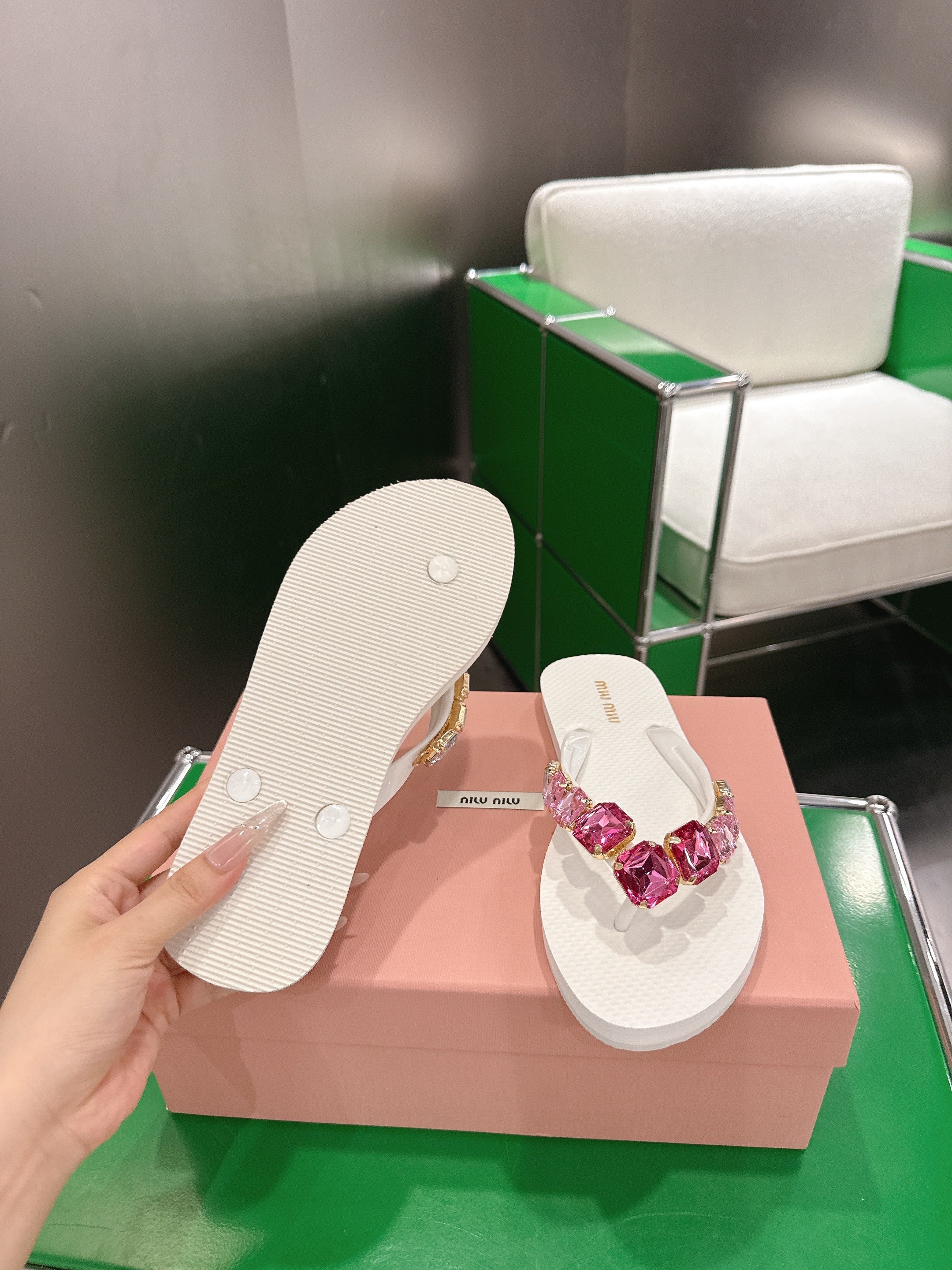 MIUMIU 26S THONG SANDALS IN WHITE EVA PINK CRYSTAL-EMBELLISHED