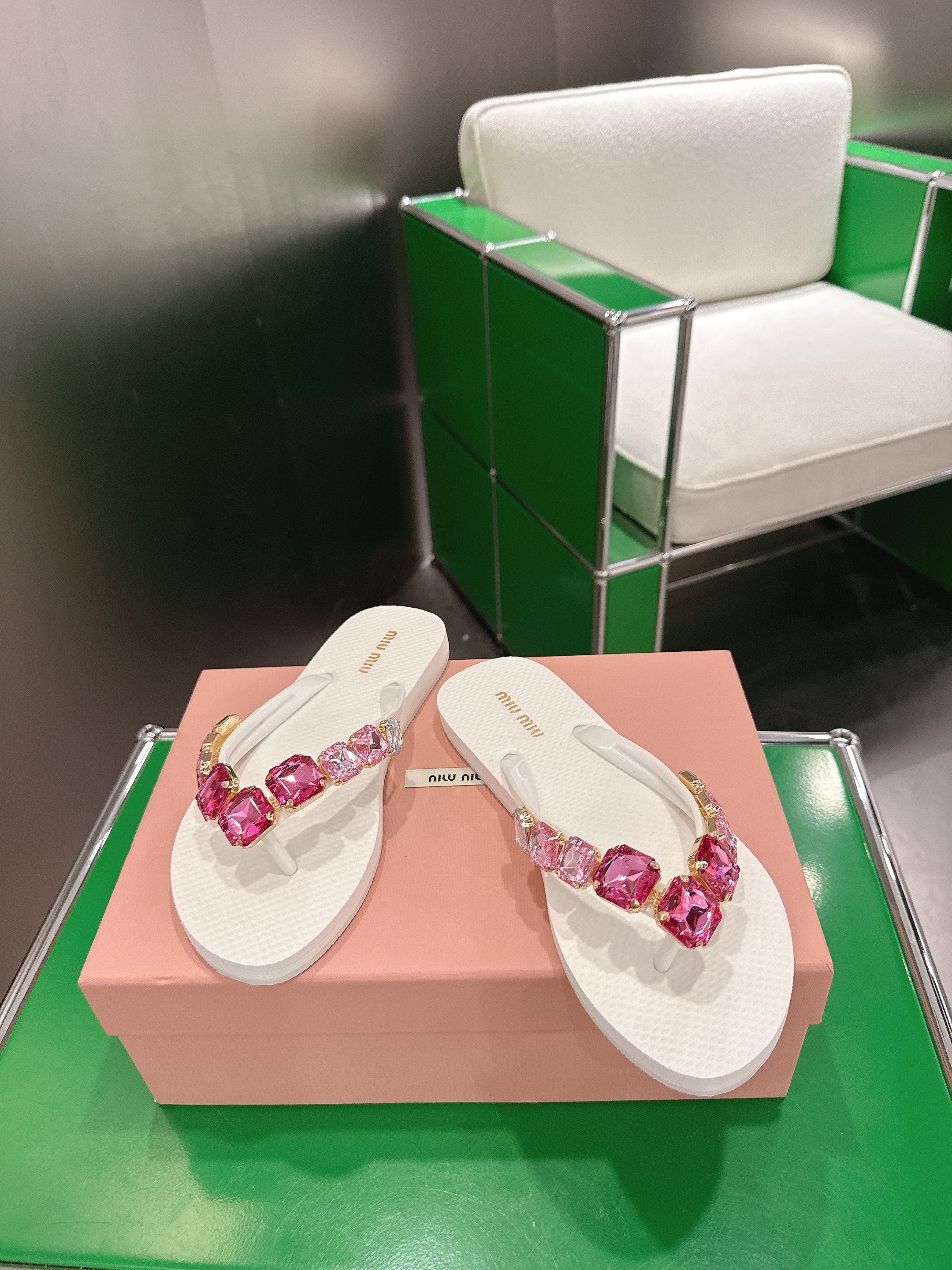 MIUMIU 26S THONG SANDALS IN WHITE EVA PINK CRYSTAL-EMBELLISHED