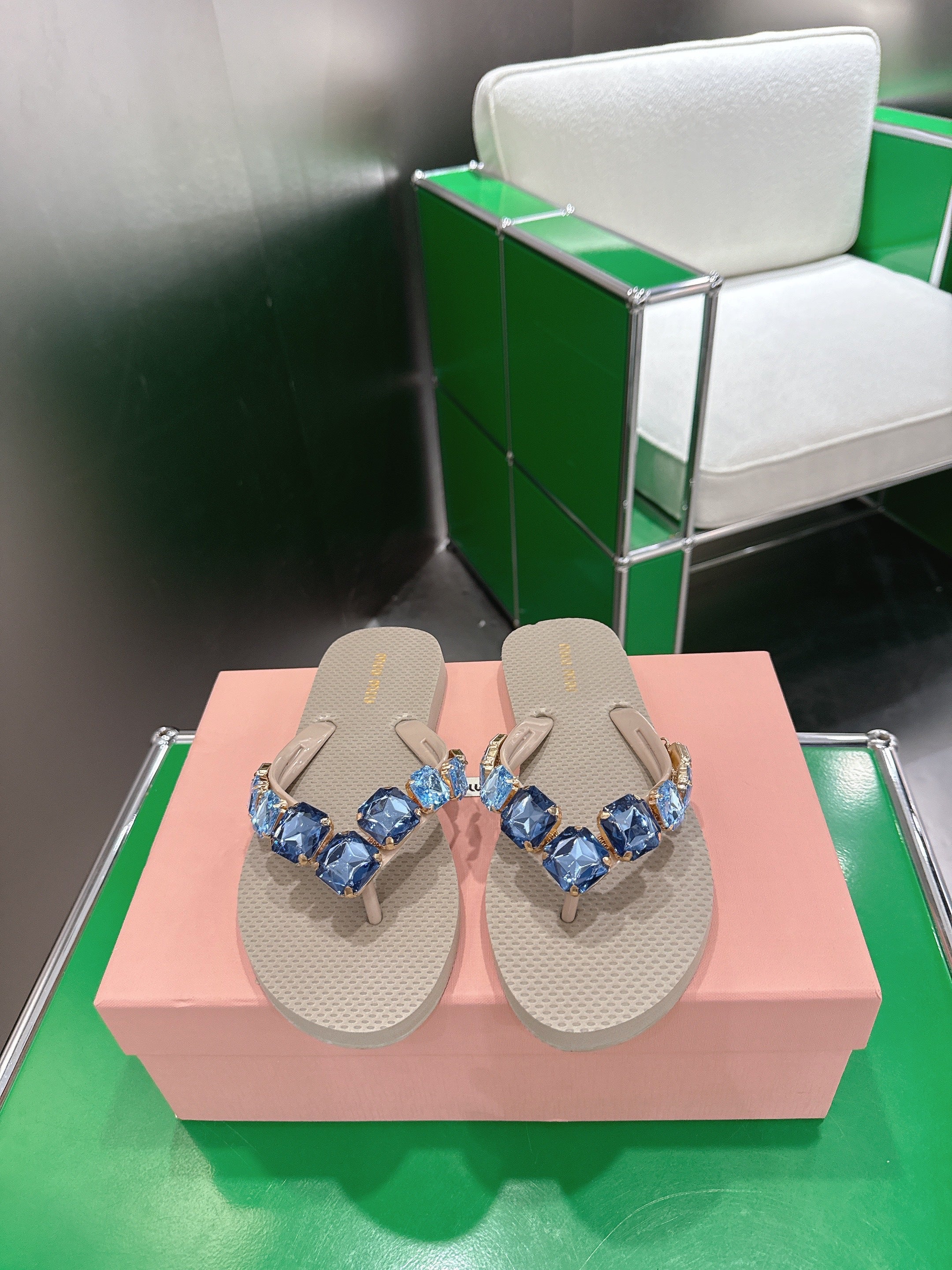 MIUMIU 26S THONG SANDALS IN BEIGE EVA CRYSTAL-EMBELLISHED