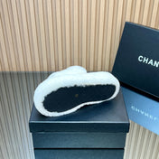 CHANEL 25S THICK-SOLED FURRY SLIPPERS WITH ELASTIC STRAPS IN WHITE FUR