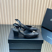 CHANEL 25S SLINGBACK SHOE LOGO 65MM IN BLACK CALFSKIN GOLD HARDWRE