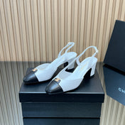 CHANEL 25S SLINGBACK SHOE LOGO 65MM IN WHITE CALFSKIN GOLD HARDWARE