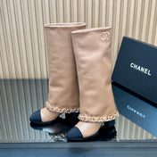 CHANEL 25S KNEE-HIGH HEELED BOOTS 65MM IN BEIGE CALFSKIN GOLD HARDWARE