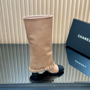 CHANEL 25S KNEE-HIGH HEELED BOOTS 65MM IN BEIGE CALFSKIN GOLD HARDWARE