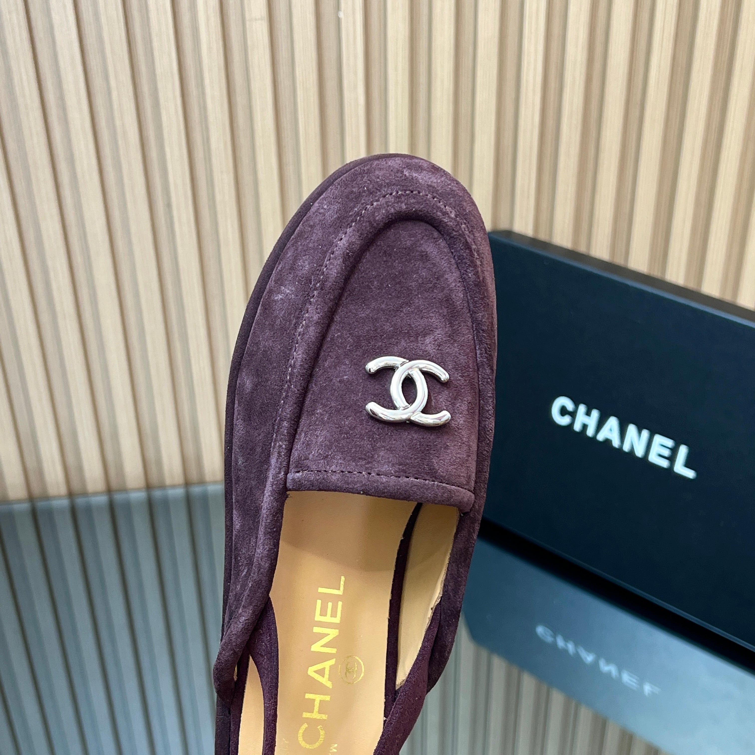 CHANEL 25S BACK STRAP MULE 15MM IN DARK PURPLE SUEDE SILVER HARDWARE