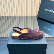 CHANEL 25S BACK STRAP MULE 15MM IN DARK PURPLE SUEDE SILVER HARDWARE