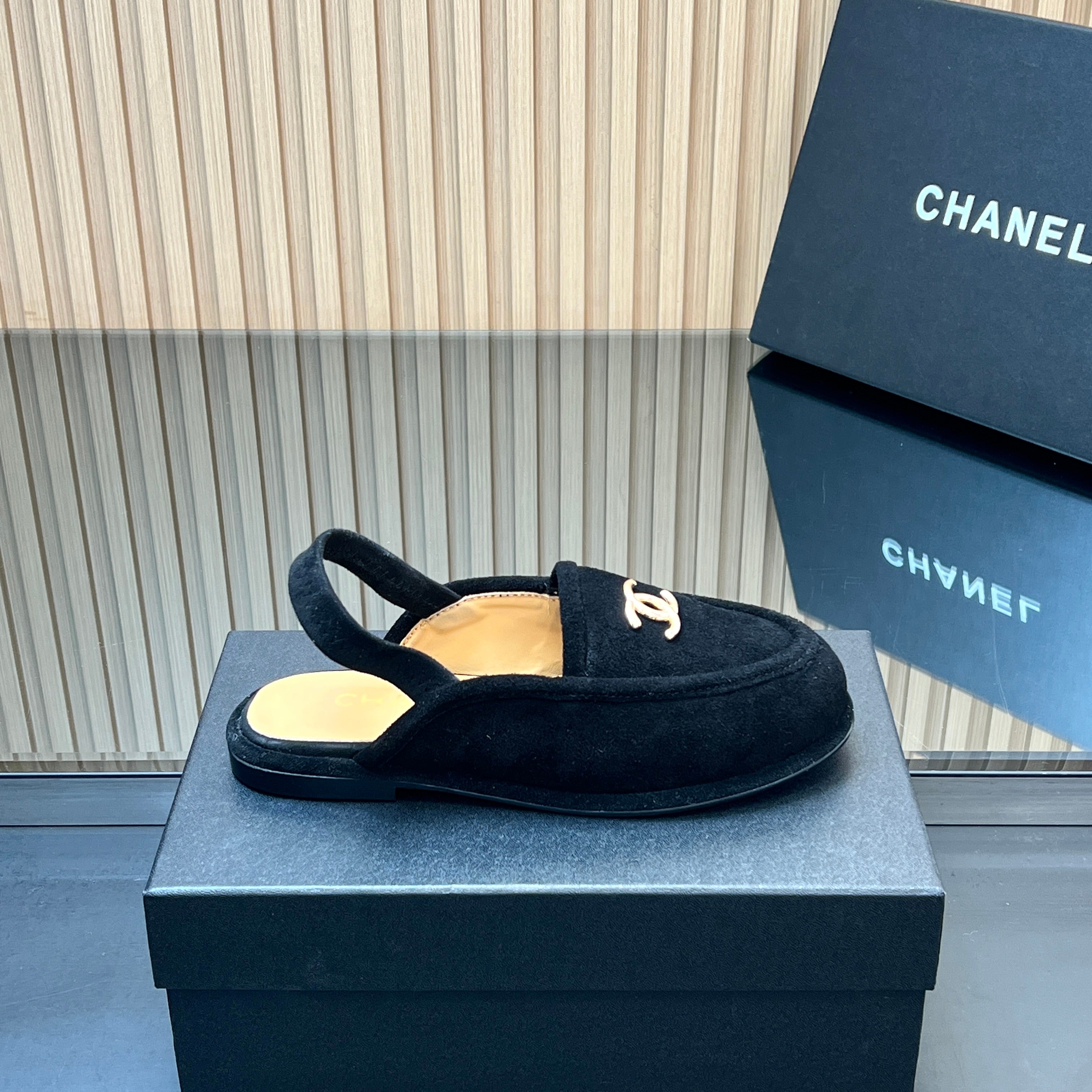 CHANEL 25S BACK STRAP MULE 15MM IN BLACK SUEDE GOLD HARDWARE