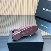 CHANEL 25S BACK STRAP MULE 15MM IN DARK PURPLE SUEDE AND WOOL GOLD HARDWARE