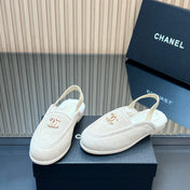 CHANEL 25S BACK STRAP MULE 15MM IN IVORY SUEDE AND WOOL GOLD HARDWARE