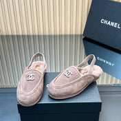CHANEL 25S BACK STRAP MULE 15MM IN TAUPE GRAY SUEDE AND WOOL SILVER HARDWARE